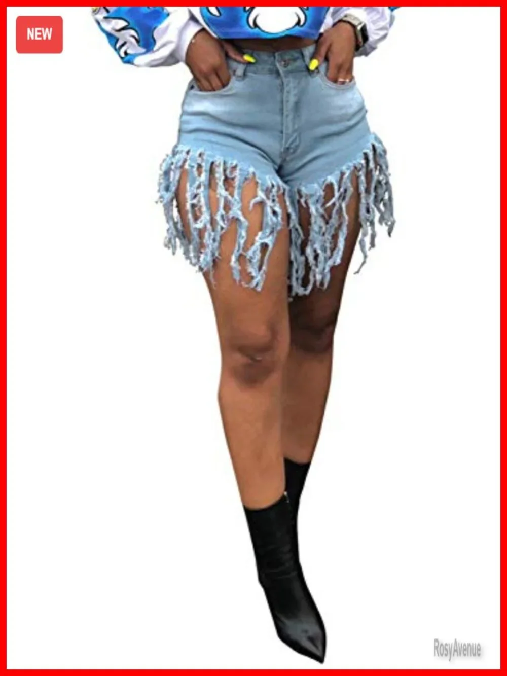 High Waisted Denim Shorts Frayed Raw Hem Ripped with Pockets